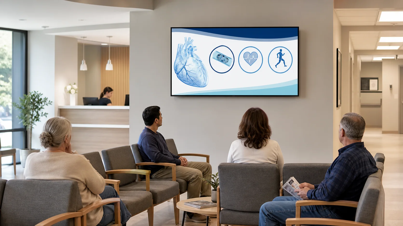 Patients viewing educational content on a clinic waiting-room television